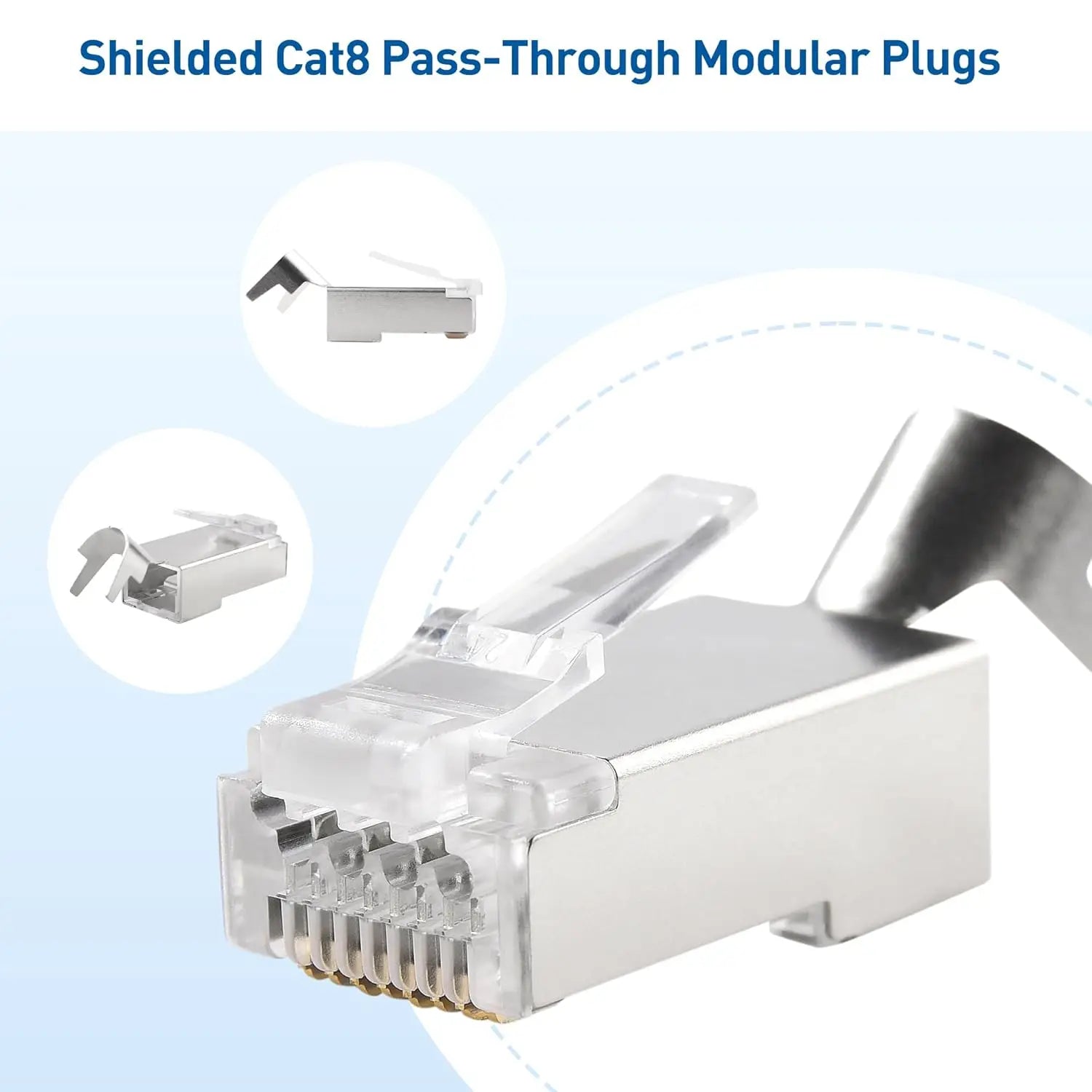 Cable Matters 20-Pack 23-24AWG Shielded Cat8 RJ45 Pass Through Connector with Load Bar & Strain Relief Boots 50µ Gold