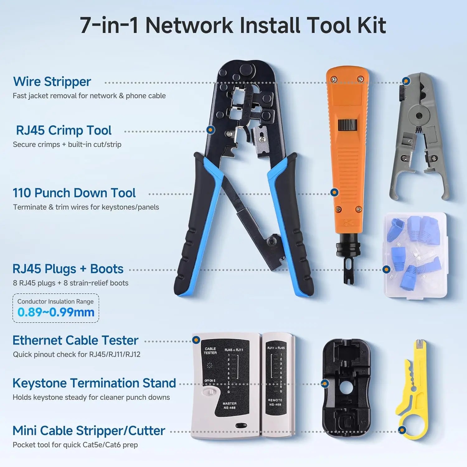 Cable Matters 7-in-1 Network Tool Kit with RJ45 Ethernet Crimping Punch Down Stand Tester Connectors Boots and Wire