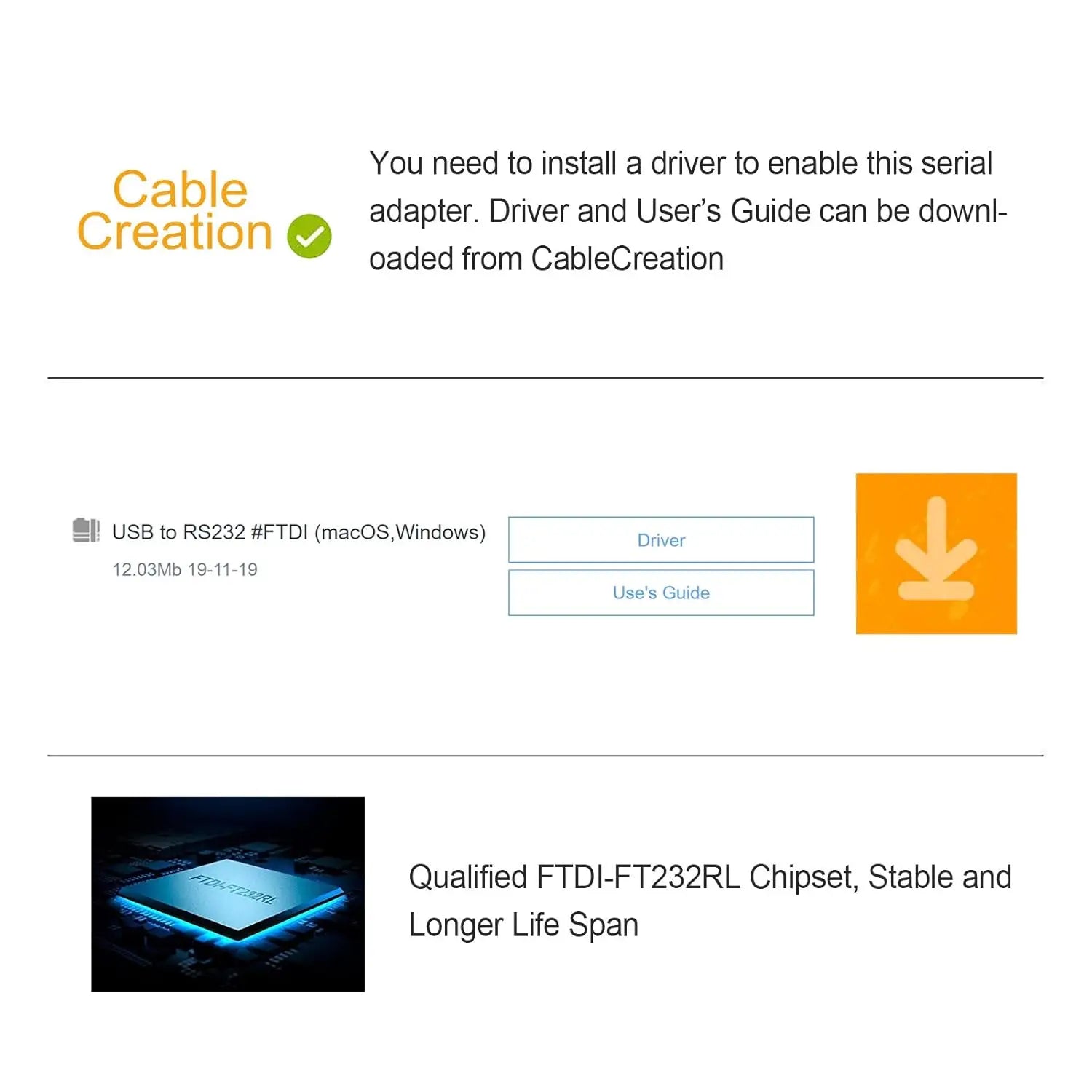 CableCreation USB to RS232 Serial Adapter (FTDI Chip) 10FT DB9 Converter
