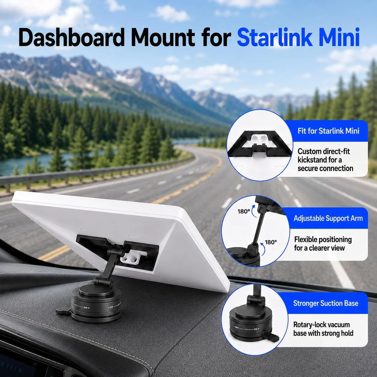 Car Dashboard Mount for Starlink Mini Adjustable Suction Cup