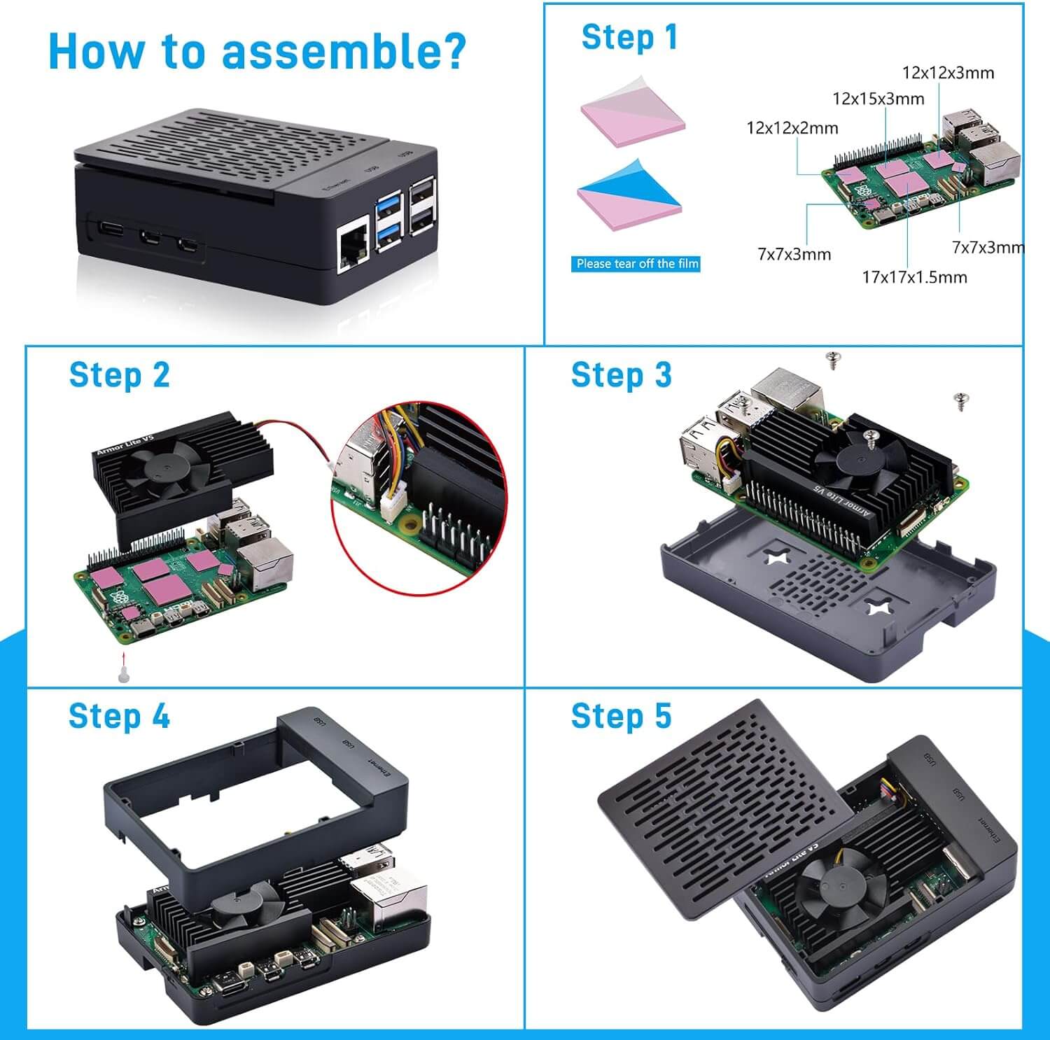Case for Raspberry Pi 5 with Armor Lite V5 Adjustable Speed Enclosure for Raspberry Pi 5