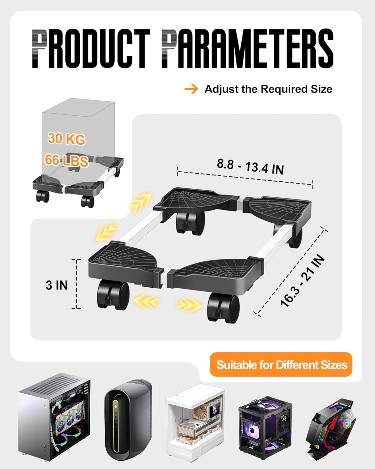 Computer Tower Stand Adjustable Mobile CPU with Rolling Caster Wheels Premium PC Holder for Floor Carpet Gaming Case