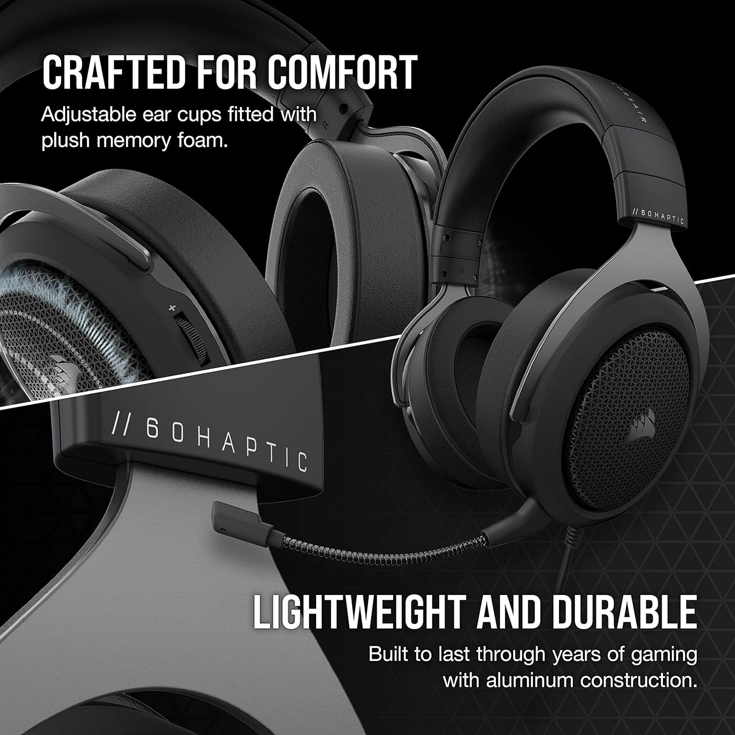 CORSAIR HS60 HAPTIC Stereo Gaming Headset with Haptic Bass (Haptic Powered by Taction Technology Plush Memory Foam Ear