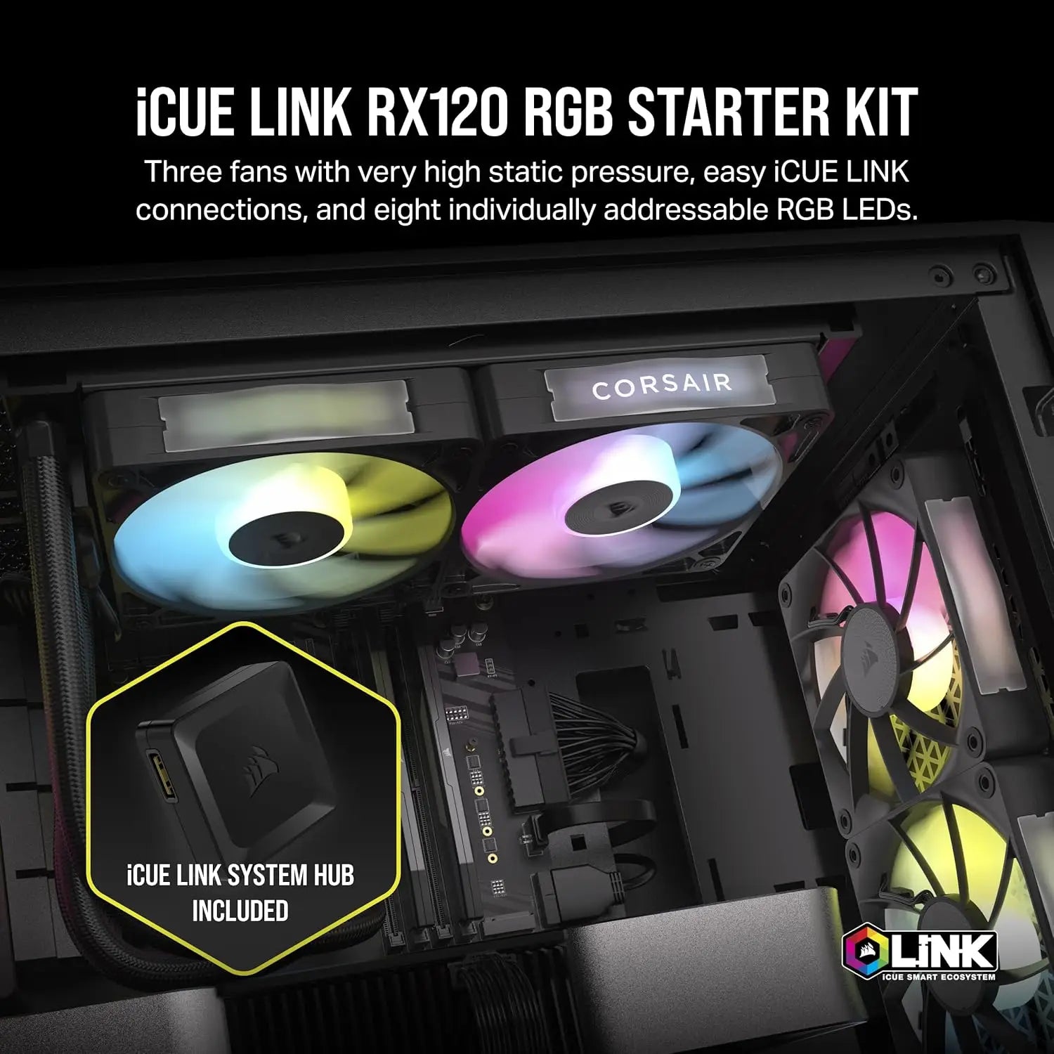 CORSAIR iCUE Link RX120 RGB 120mm PWM Fans with System Hub - Magnetic Dome Bearing - Triple Pack - Black