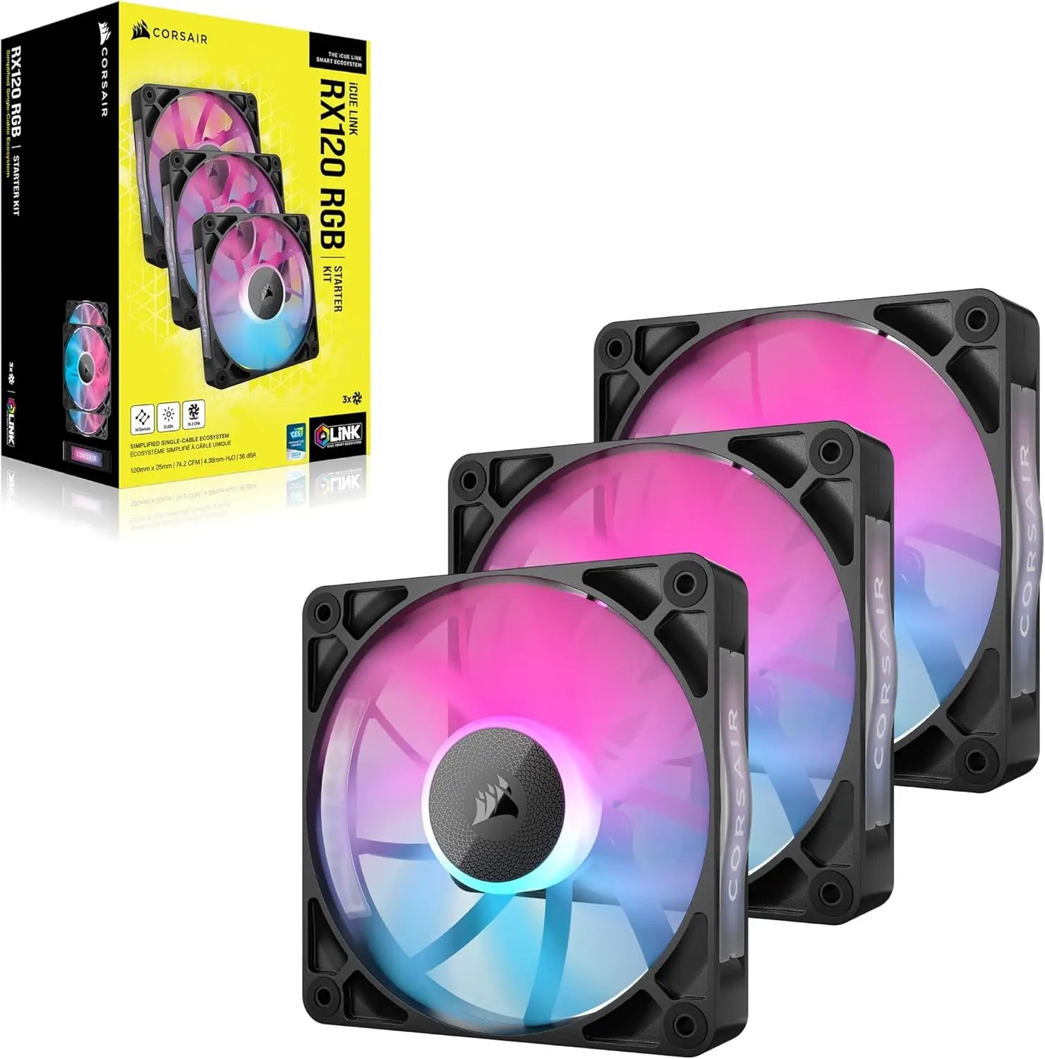 CORSAIR iCUE Link RX120 RGB 120mm PWM Fans with System Hub - Magnetic Dome Bearing - Triple Pack - Black