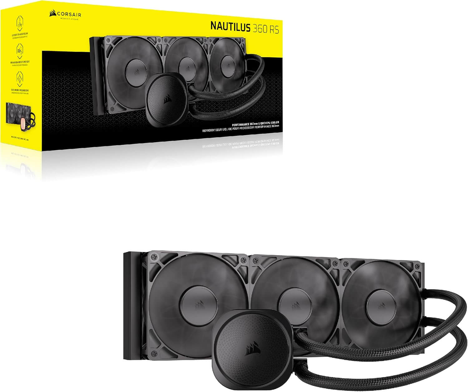 CORSAIR Nautilus 360 RS Liquid CPU Cooler with three fans and radiator for efficient low-noise cooling.