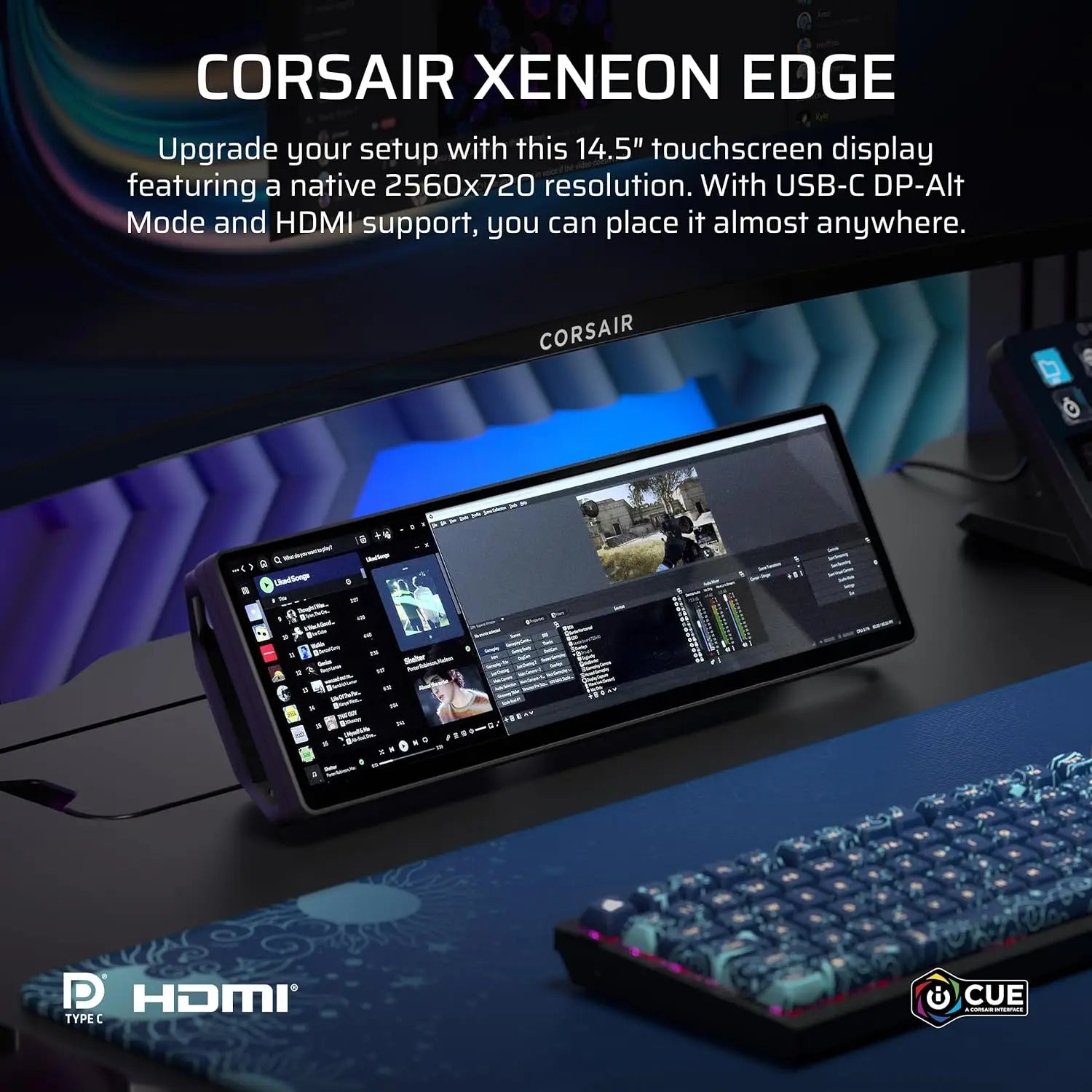 CORSAIR XENEON Edge 14.5’’ 2K Portable LCD HDMI USB C Touchscreen – Black