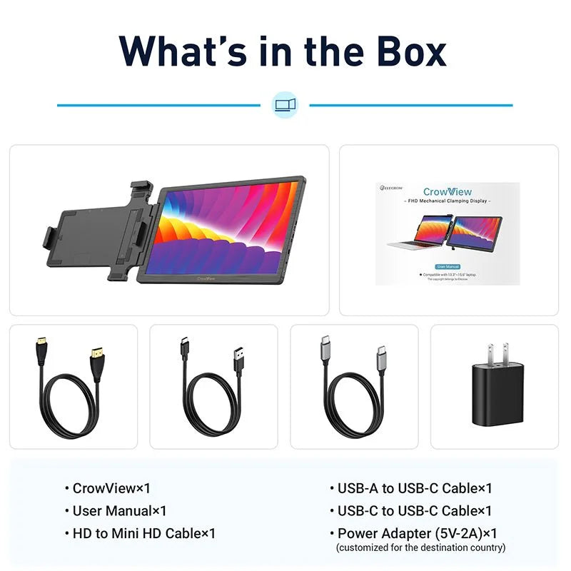 CrowView- Ultimate 14inch Portable Ultralight Dual Monitor support multiple system and 13’’- 16.5 ’’laptops with FCC/CE