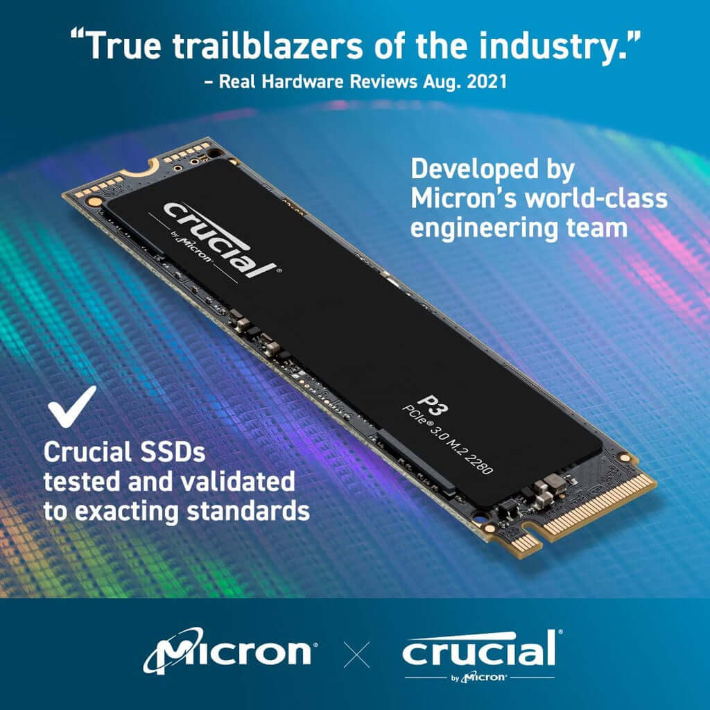 Crucial P3 4TB Gen3 NVMe SSD 3500/3000 MB/s R/W 800TBW 650K/700K IOPS 1.5M hrs MTTF Full-Drive Encryption M.2 PCIe3 5yrs