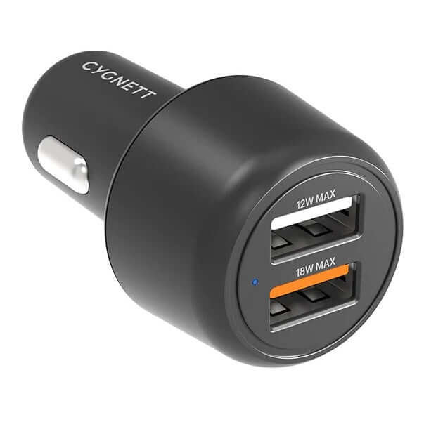 Cygnett CarPower 30W Dual Port Car Charger with USB-A ports for fast charging in black.