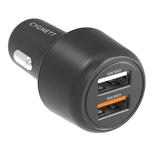 Cygnett CarPower 30W Dual Port Car Charger - Black (CY3680CYCCH) 2xUSB-A(12W & 18W QC 3.0) 3.6x faster than standard 5W