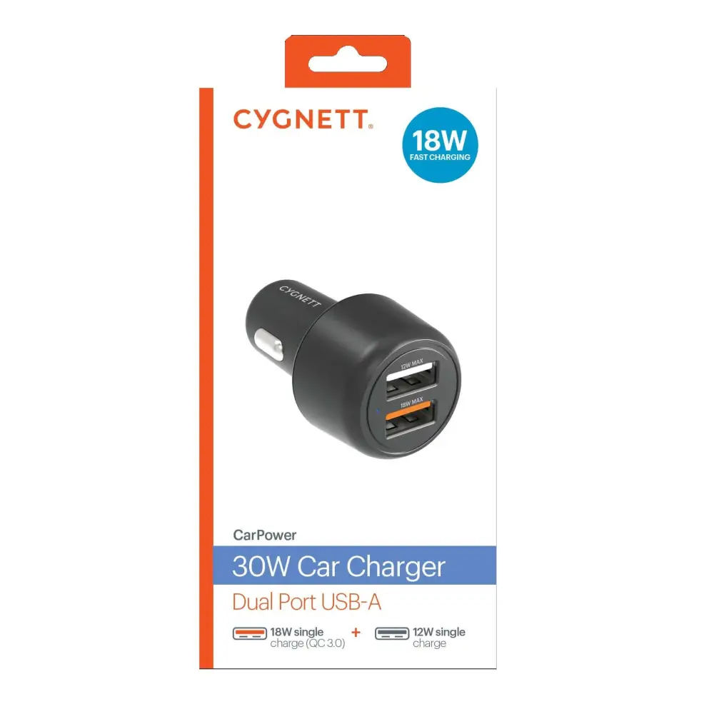 Cygnett CarPower 30W Dual Port Car Charger - Black (CY3680CYCCH) 2xUSB-A(12W & 18W QC 3.0) 3.6x faster than standard 5W