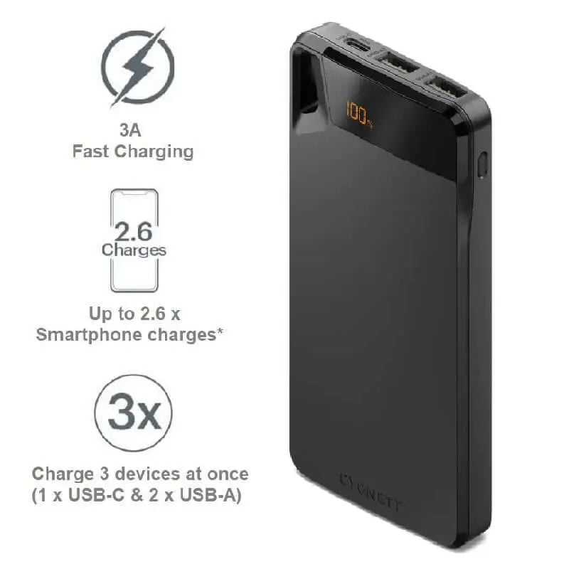 Cygnett ChargeUp Boost 4th Gen 10K mAh Bank-Black Triple Port(Dual USB-A 15W + 1xUSB-C 15W),15cm USB-C Cable Max 2 Yrs