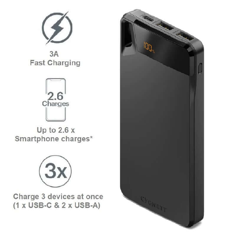 Cygnett ChargeUp Boost 4th Gen 10K mAh Power Bank-Black Triple Port(Dual USB-A 15W + 1xUSB-C 15W),15cm USB-C Cable 15W
