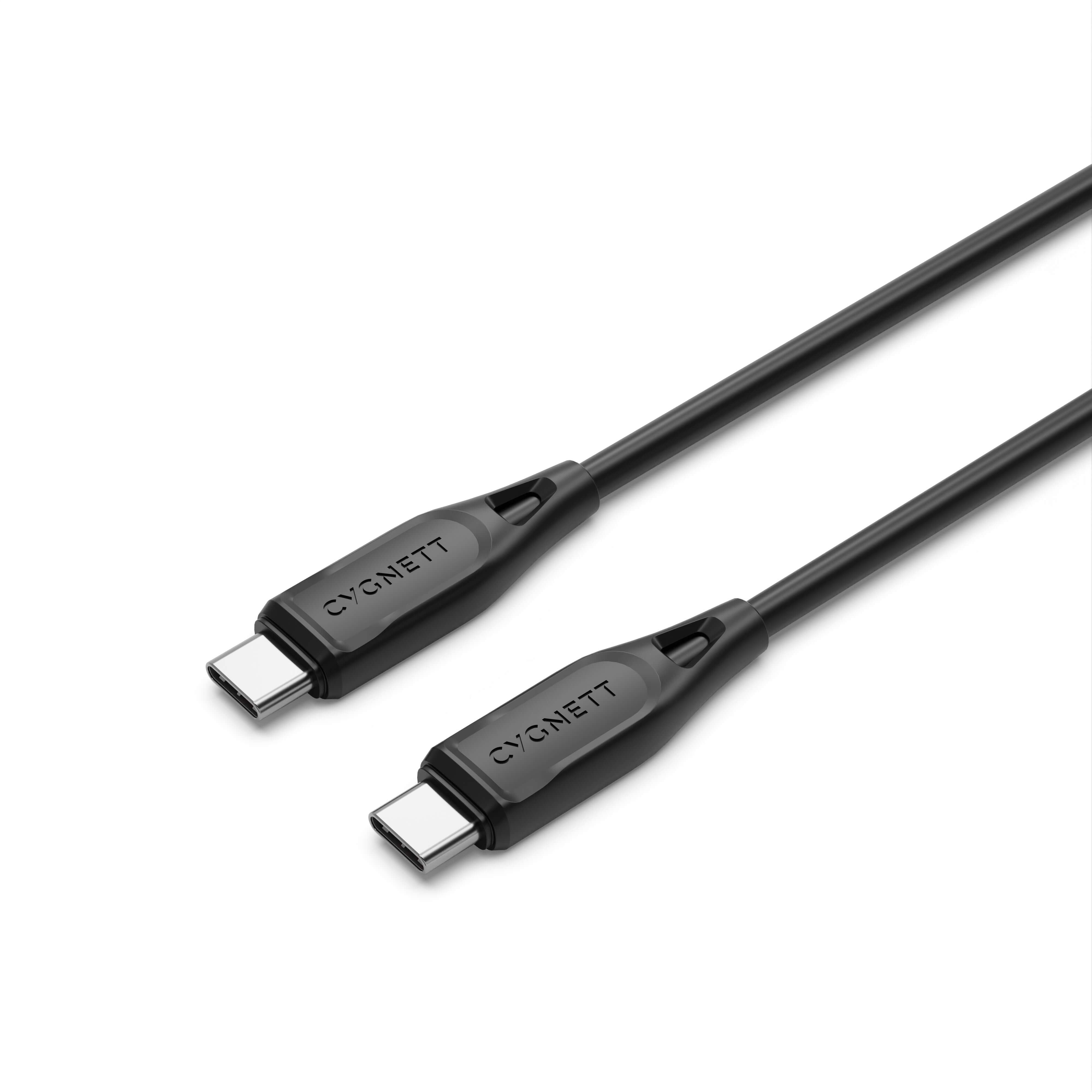 Cygnett Essentials USB-C to USB-C cable, 2M, black, supports 3A fast charging and 480Mbps data transfer.