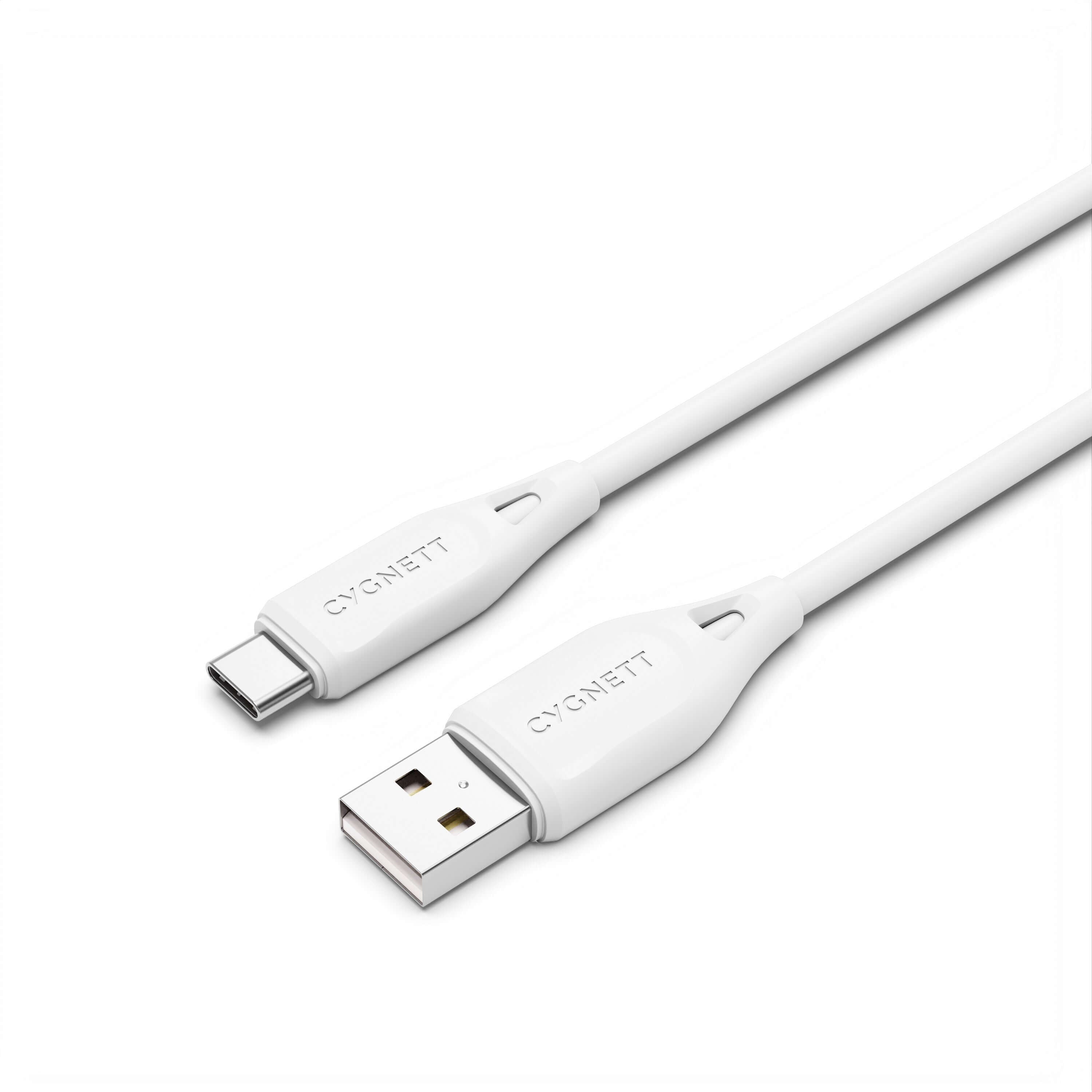 Cygnett Essentials USB-C to USB-A (2.0) cable in white, 1M length, designed for fast charging and data transfer.