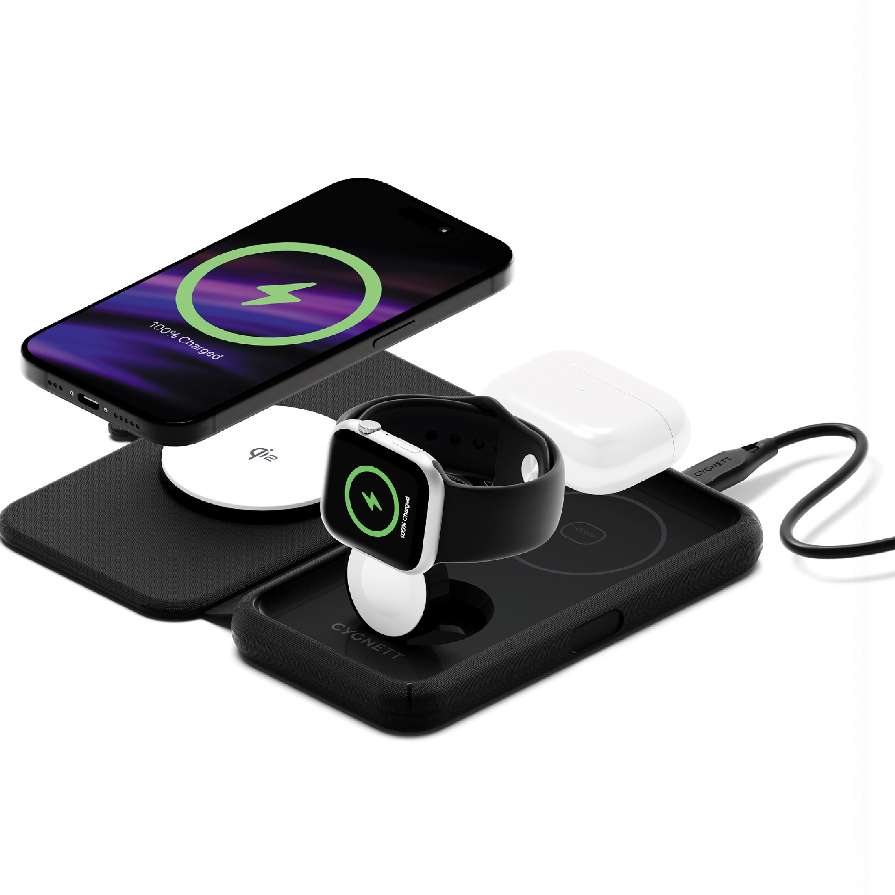 Cygnett MagTravel Qi2.0 2-in-1 Wireless Charger - Black (CY5138WIRDE) 1.2M USB-C Cable,15W Compact and lightweight 2