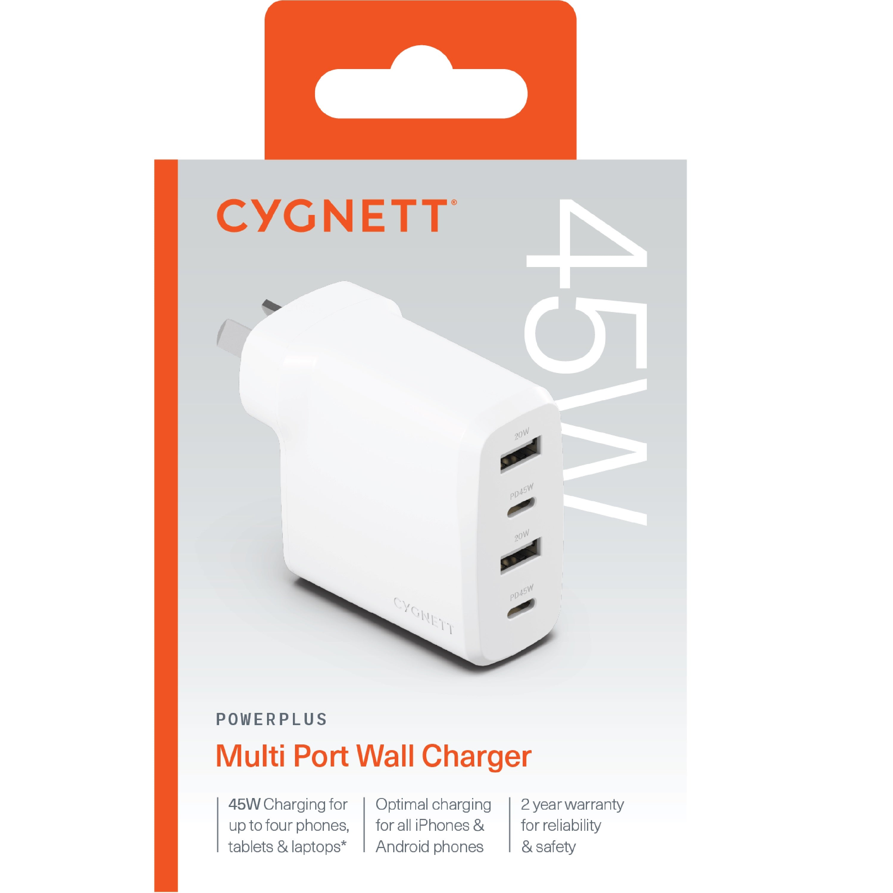 Cygnett PowerPlus 45W Multi Port Fast Wall Charger - White((CY4769PDWCH) 2xUSB-C PPS (45W),2xUSB-A