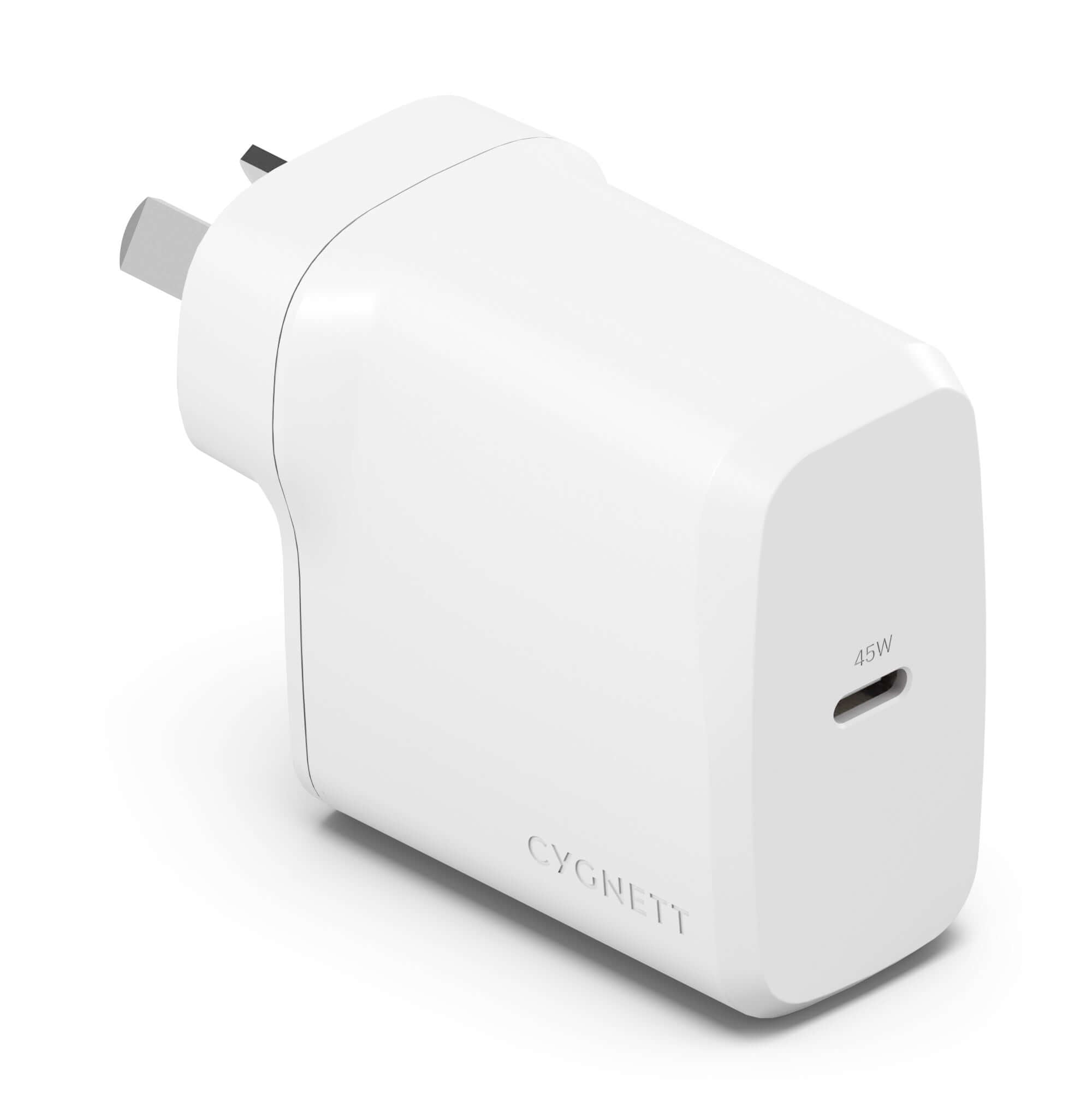 Cygnett PowerPlus 45W USB-C PD GaN Fast Wall Charger in white, ideal for fast charging phones, tablets, and laptops.