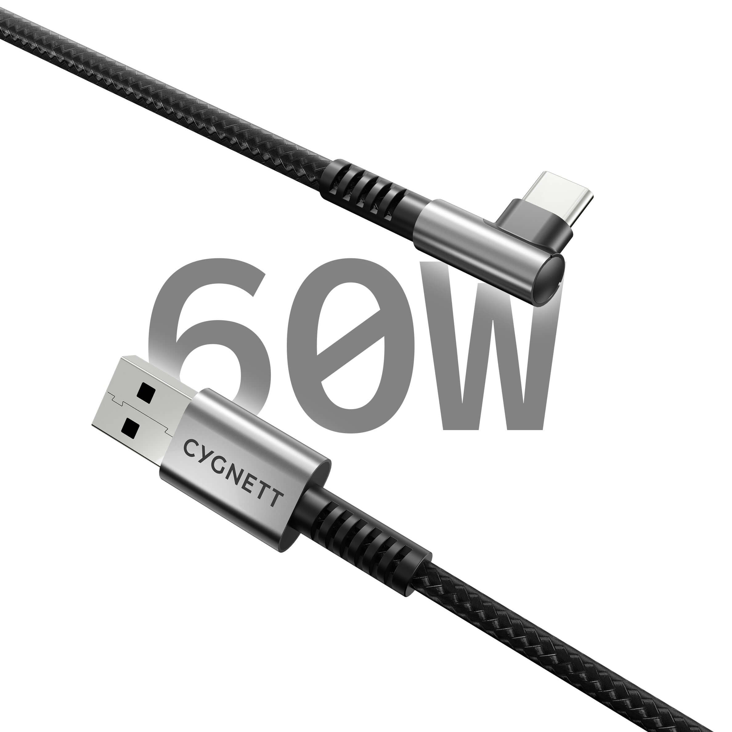 Cygnett Unite Right-Angle USB-C to USB-A (2.0) Cable (1M) - Black (CY5106PCUSA) 240W Double Braided 10Gbps Transfer
