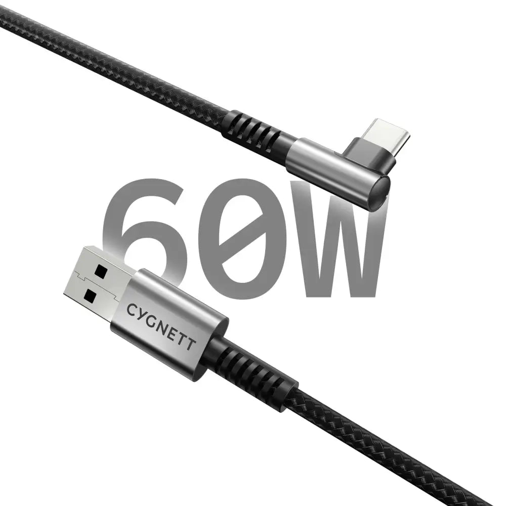 Cygnett Unite Right-Angle USB-C to USB-A (2.0) Cable (1M) - Black (CY5106PCUSA) 240W Double Braided 10Gbps Transfer