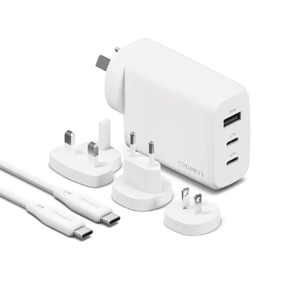 Cygnett Voyager 67W Multi-Port GaN Travel Wall Charger - White (CY4771PDWCH) 2x USB-C (67W) 1x USB-A (20W),1M to 2