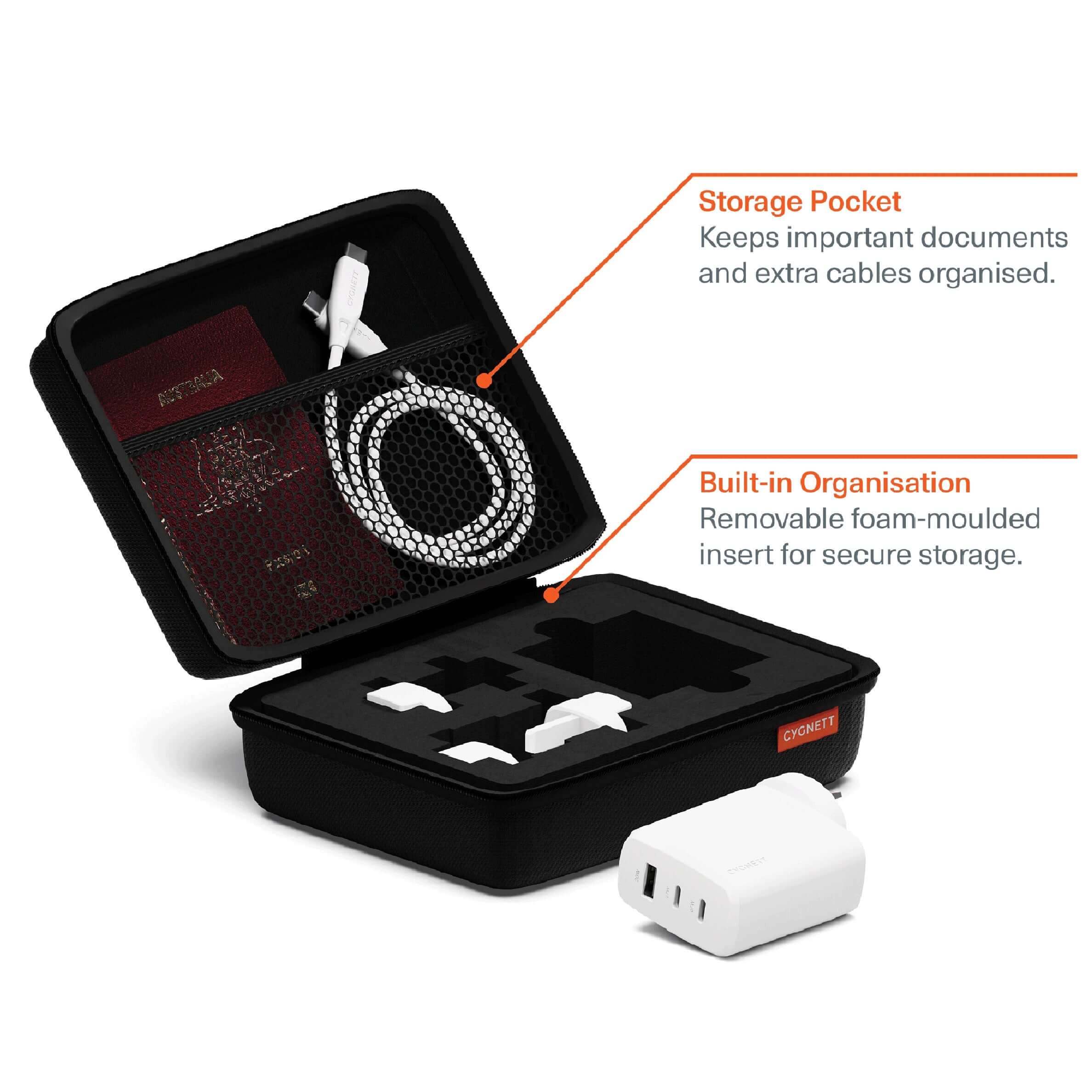 Cygnett compact travel case with storage pocket for cables and charger, featuring removable foam insert.