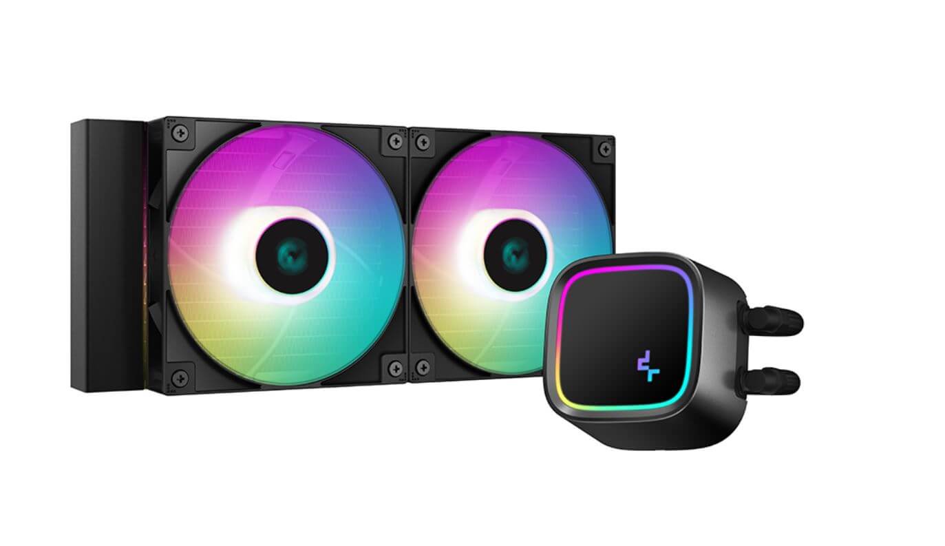 DeepCool LE520 240mm ARGB all-in-one liquid CPU cooler with two fans and pump design.