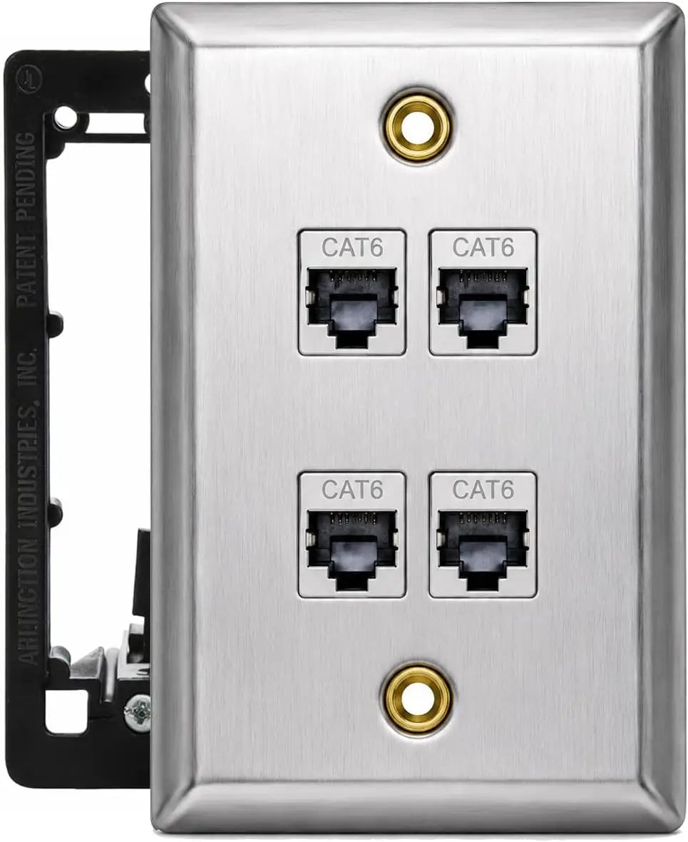 DIYTECH 4 Port Copper Shield CAT6 Ethernet Wall Plate with Low Voltage Mounting Bracket RJ45 Keystone Faceplate