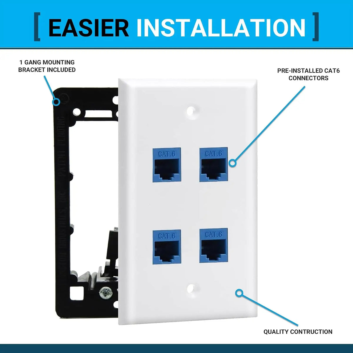DIYTECH 4 Port Ethernet Wall Plate Cat 6 Outlet RJ45 Female to Keystone Jacks - White