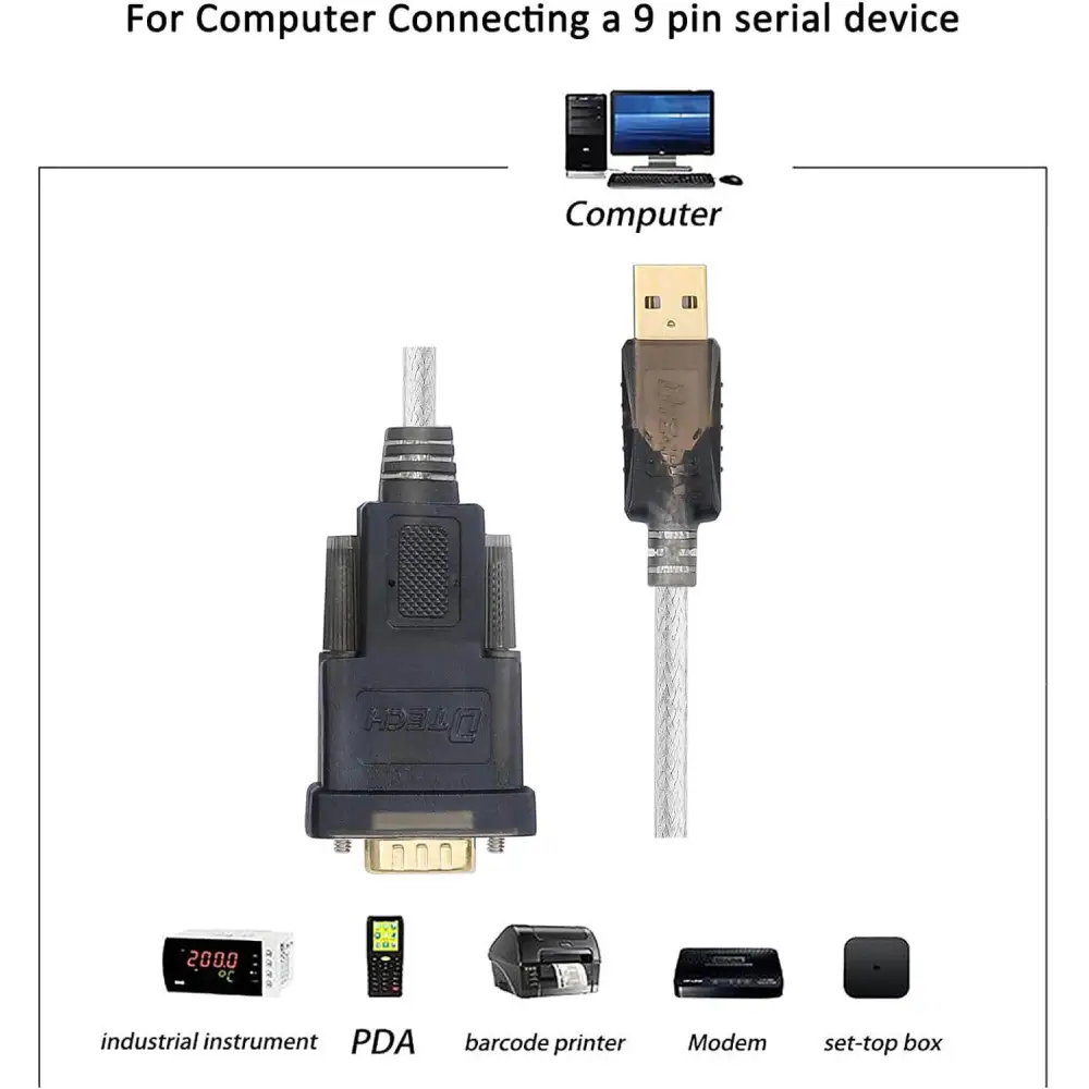 DTECH USB 2.0 to RS232 DB9 Male Serial Adapter Cable 1.8m Supports Windows 10 8 7 Mac Linux 6 ft (USB-A (Male / Male))