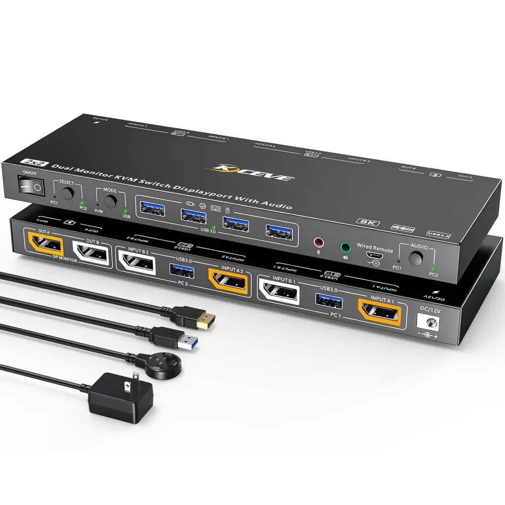 Dual Mode KVM/USB Switch Monitor USB 3.0 Displayport 1.4 2 Computers Monitors Cross Display PCs 8K@60Hz 4K@144Hz