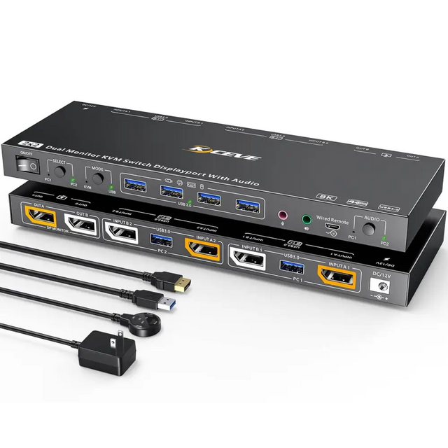 Dual Mode KVM/USB Switch Monitor USB 3.0 Displayport 1.4 2 Computers Monitors Cross Display PCs 8K@60Hz 4K@144Hz