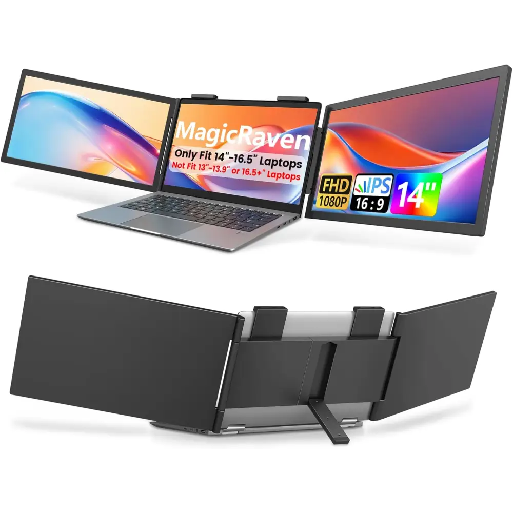 Dual Screen Extender 14’’ 1080P Triple Portable Monitor Type-C (No HDMI) Plug and Play for 14”-16.5” Laptops 270°