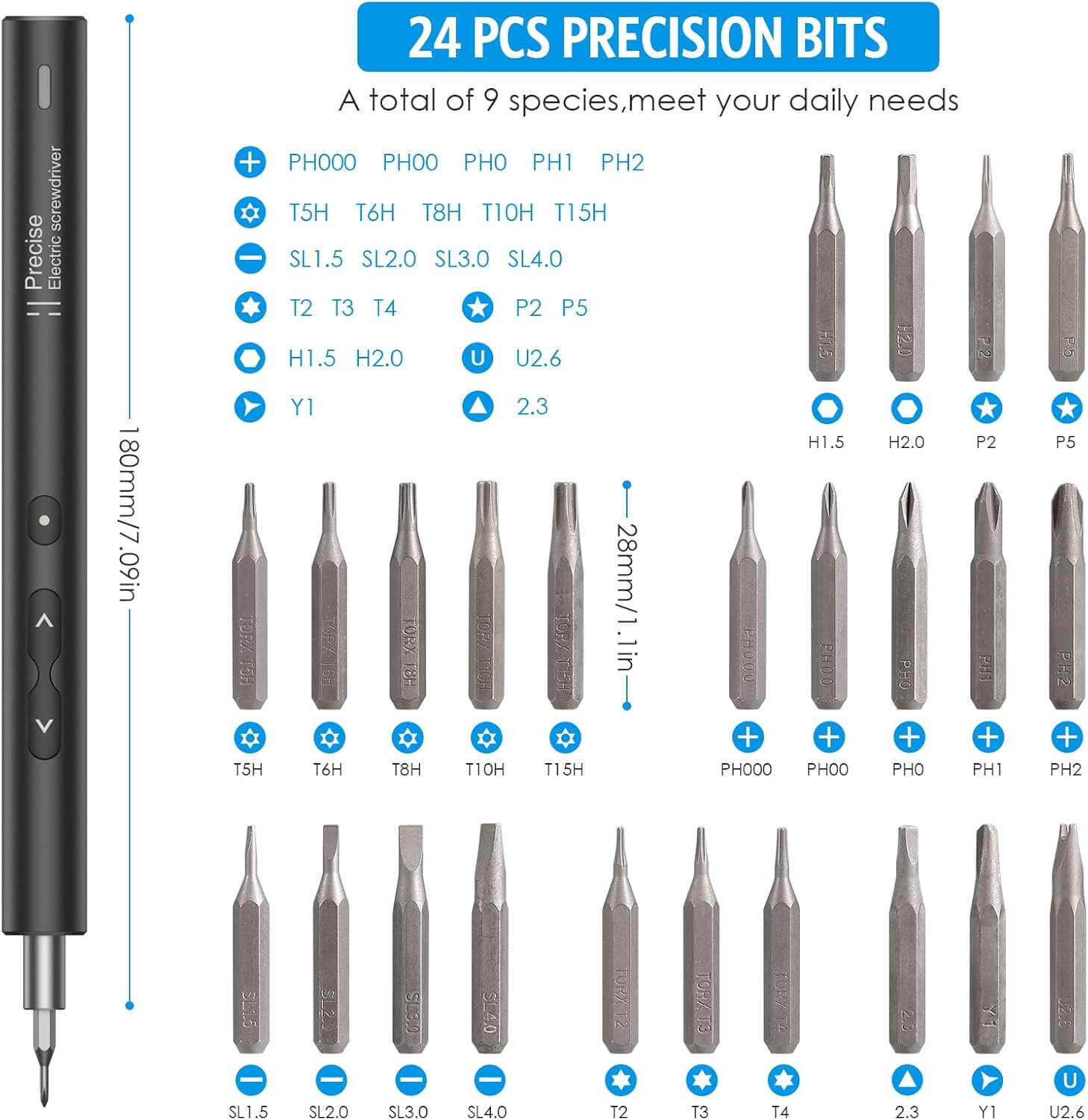 Electric screwdriver set featuring 24 precision bits, including various sizes for versatile repairs and projects.