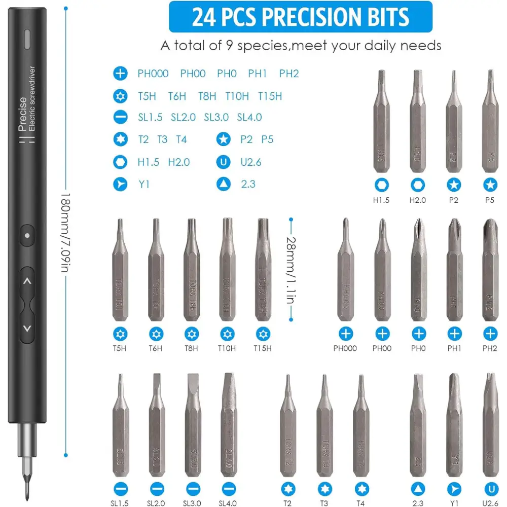 Electric Screwdriver 28 IN 1 Precision Set with 24 Bits and USB Cable Portable Magnetic Repair Tool Kit LED Lights