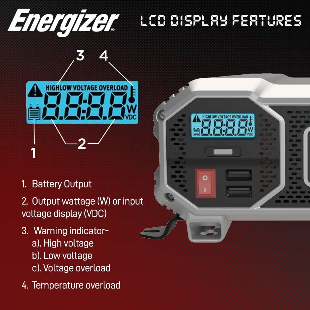 Energizer 2000 Watt Car Inverter 12 Volt DC to 230 Volts AC Power Converter w/ 2 USB Plug Dual 230V Socket Ideal