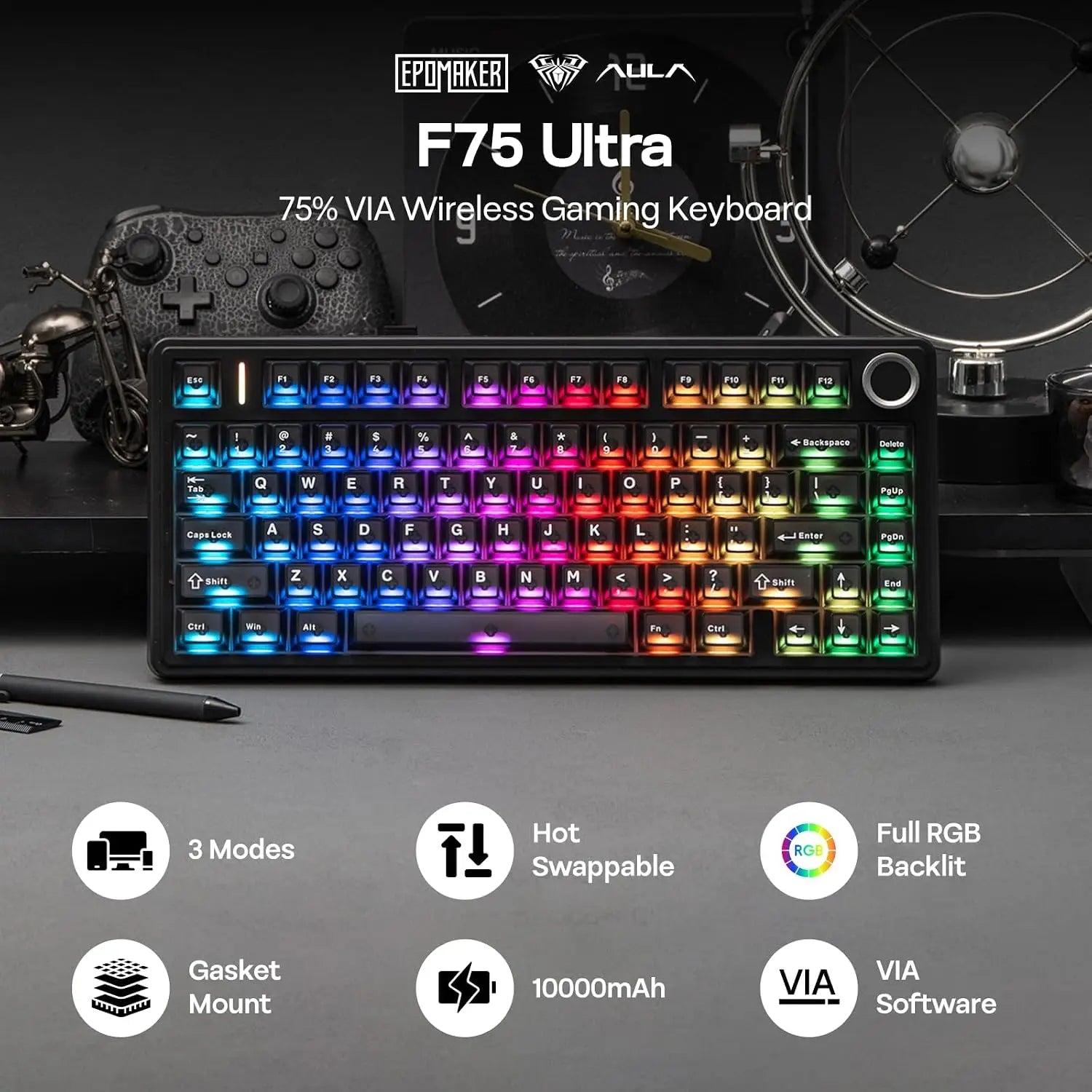 EPOMAKER Aula F75 Ultra Wireless Mechanical Keyboard 10000mAh VIA Programmable Knob Hot-Swap Creamy Switch & Gasket RGB