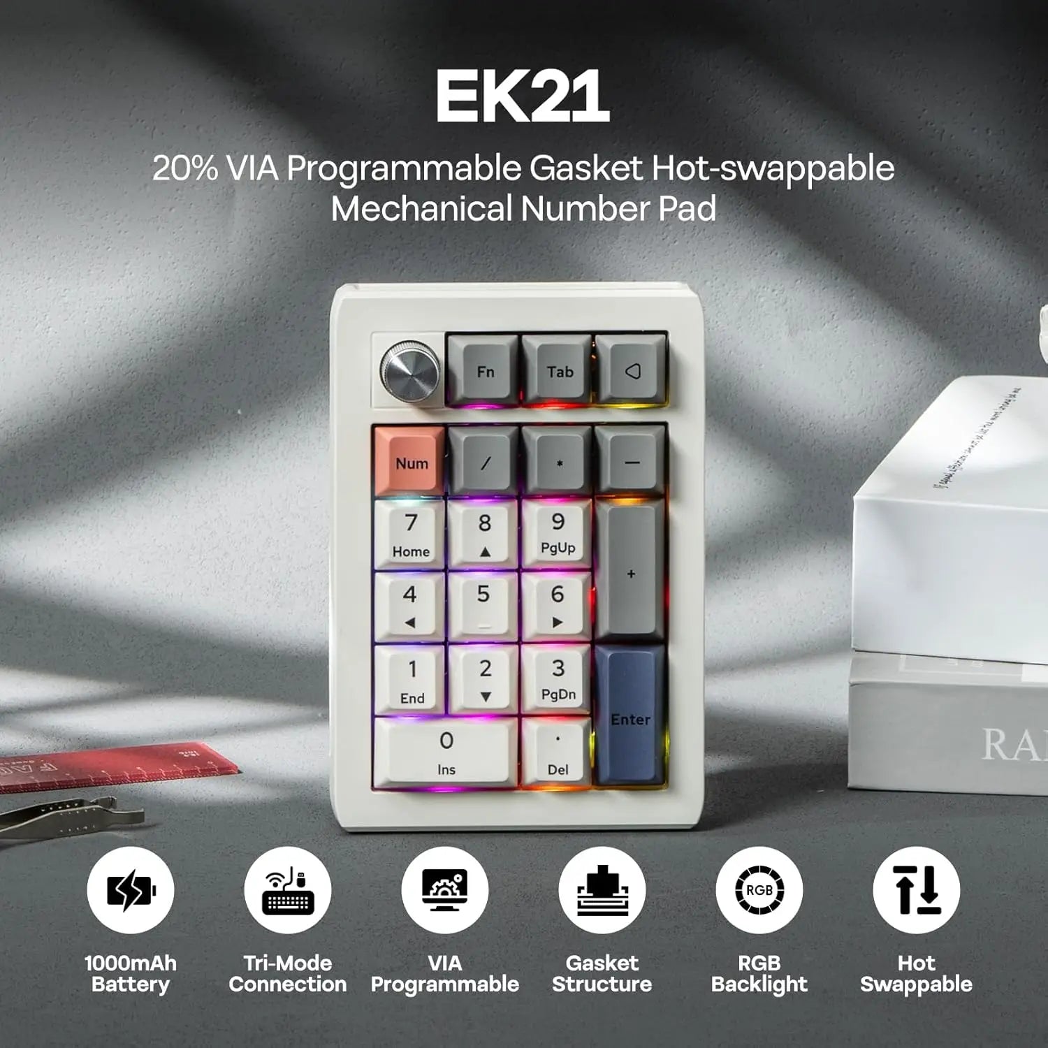 EPOMAKER EK21 VIA Gasket Number Pad with 1000mAh Battery BT 5.0/2.4ghz/Wired Hot-Swap Numpad Aluminum Alloy knob