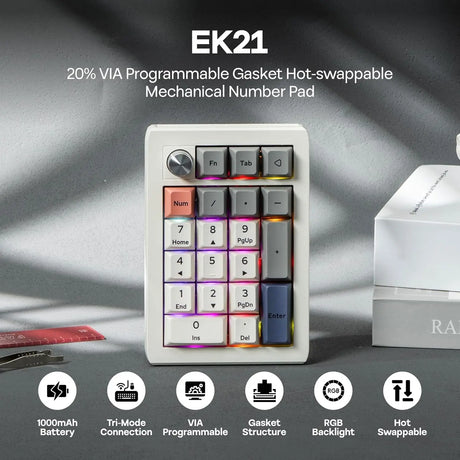 EPOMAKER EK21 VIA Gasket Number Pad with 1000mAh Battery BT 5.0/2.4ghz/Wired Hot-Swap Numpad Aluminum Alloy knob