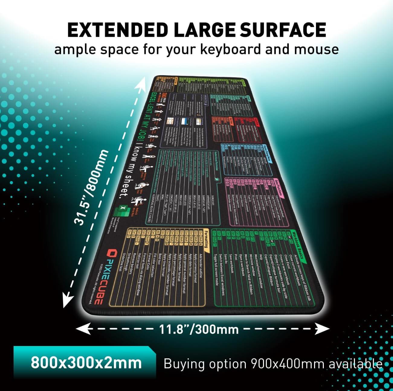Excel Shortcut Keys Mouse Pad - Extended Large XL Cheat Sheet Gaming Mousepad | PC Office Spreadsheet Keyboard Mat