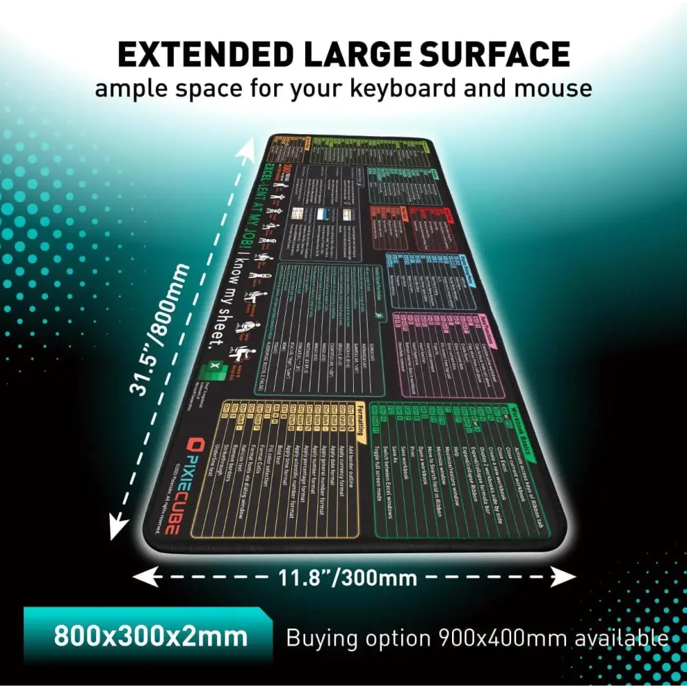 Excel Shortcut Keys Mouse Pad - Extended Large XL Cheat Sheet Gaming Mousepad | PC Office Spreadsheet Keyboard Mat