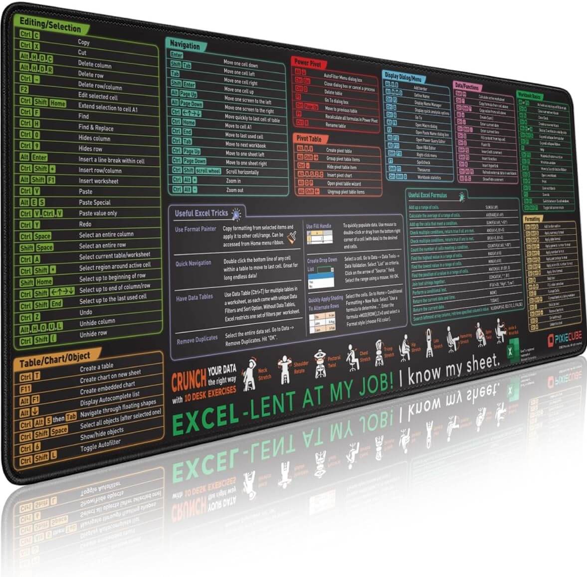 Excel Shortcut Keys Mouse Pad - Extended Large XL Cheat Sheet Gaming Mousepad | PC Office Spreadsheet Keyboard Mat