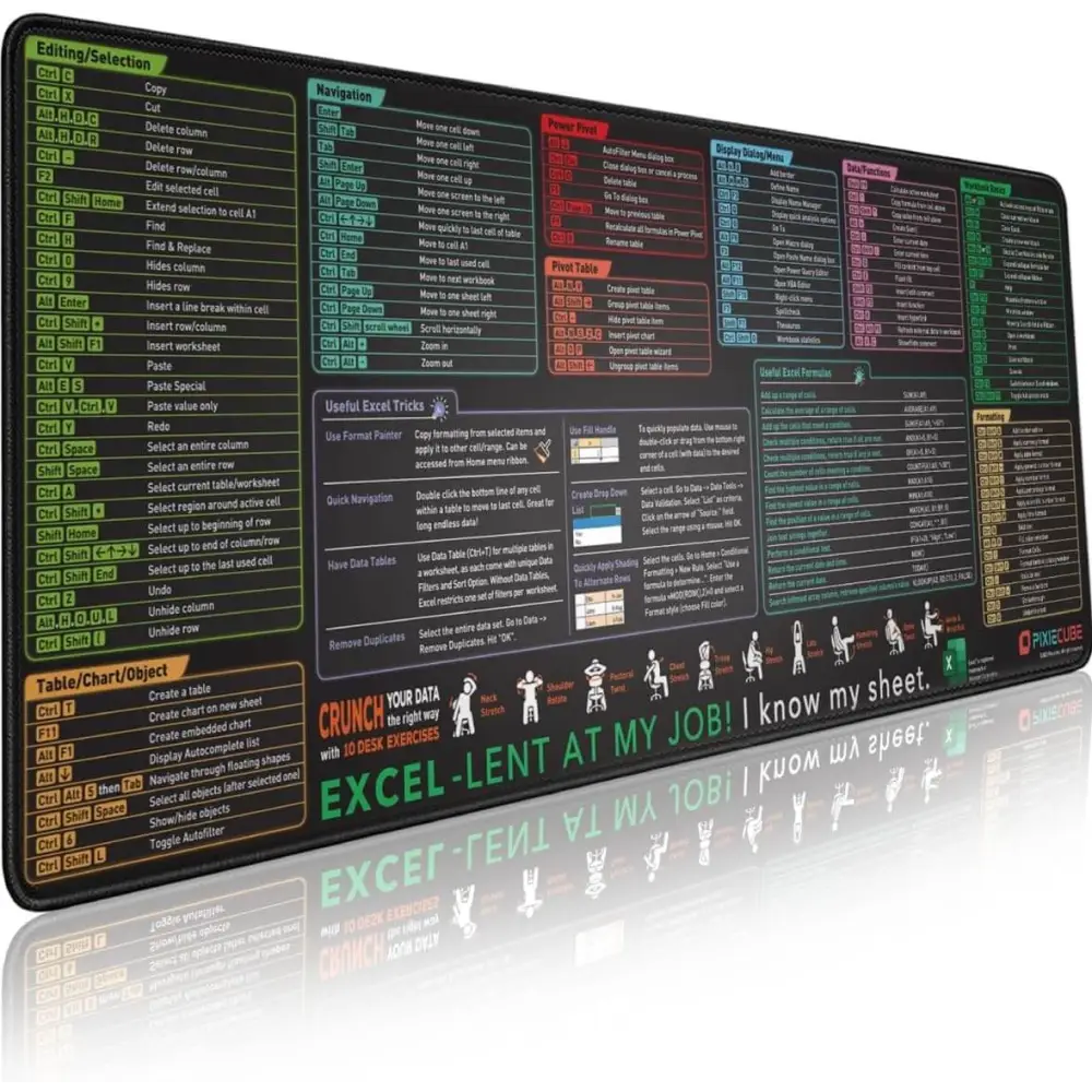 Excel Shortcut Keys Mouse Pad - Extended Large XL Cheat Sheet Gaming Mousepad | PC Office Spreadsheet Keyboard Mat