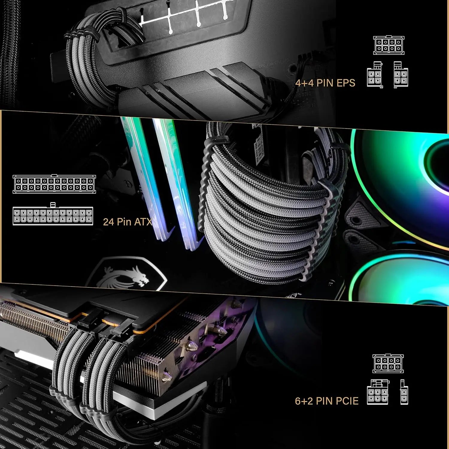 EZDIY-FAB PSU Cable Extension Sleeved Custom Mod GPU PC Power Supply Soft Nylon Braided with Comb Kit 24PIN/8PIN to 6