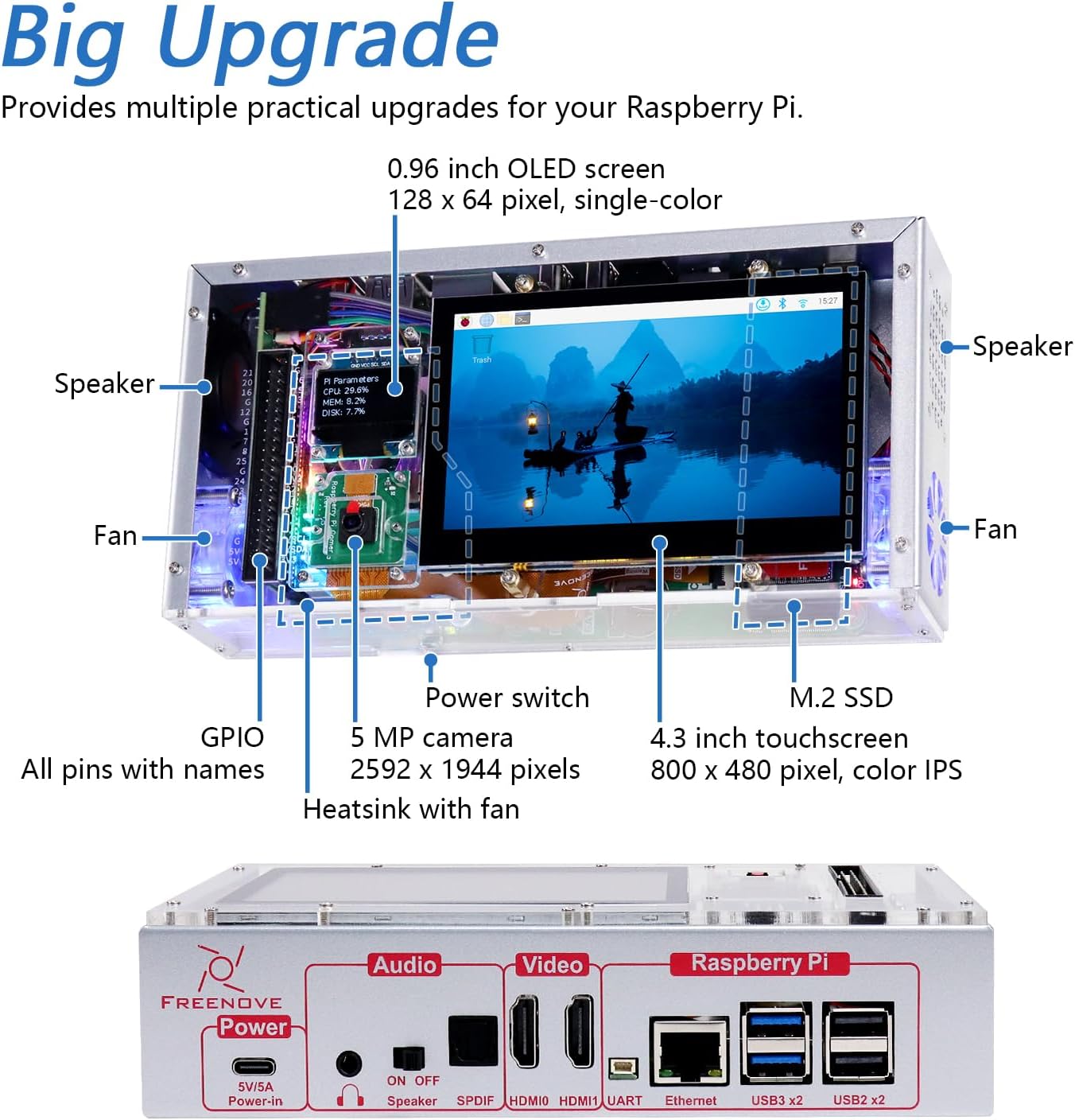 Freenove Computer Case Kit for Raspberry Pi 5 (NOT Included) 128GB M.2 NVMe SSD 800 MB/s 4.3 Inch Touchscreen MP Camera