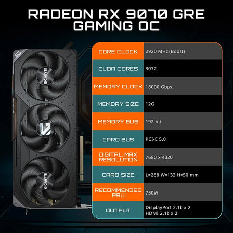 GIGABYTE Gaming Radeon RX 9070 GRE 12GB GDDR6 PCI Express 5.0 ATX Graphics Card GV-R907GREGAMING OC-12GD