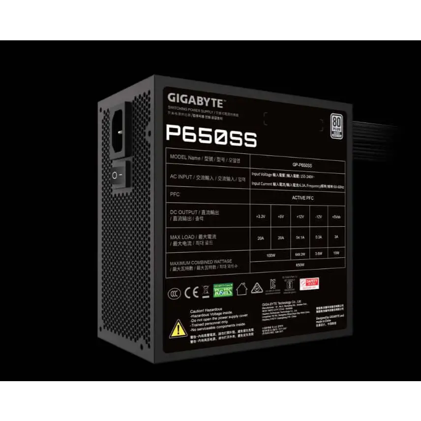 Gigabyte GP-P650G 650W ATX PSU Supply 80+ 120mm 12V >100K Hrs 60-50 Hz Fan 80 PLUS Gold