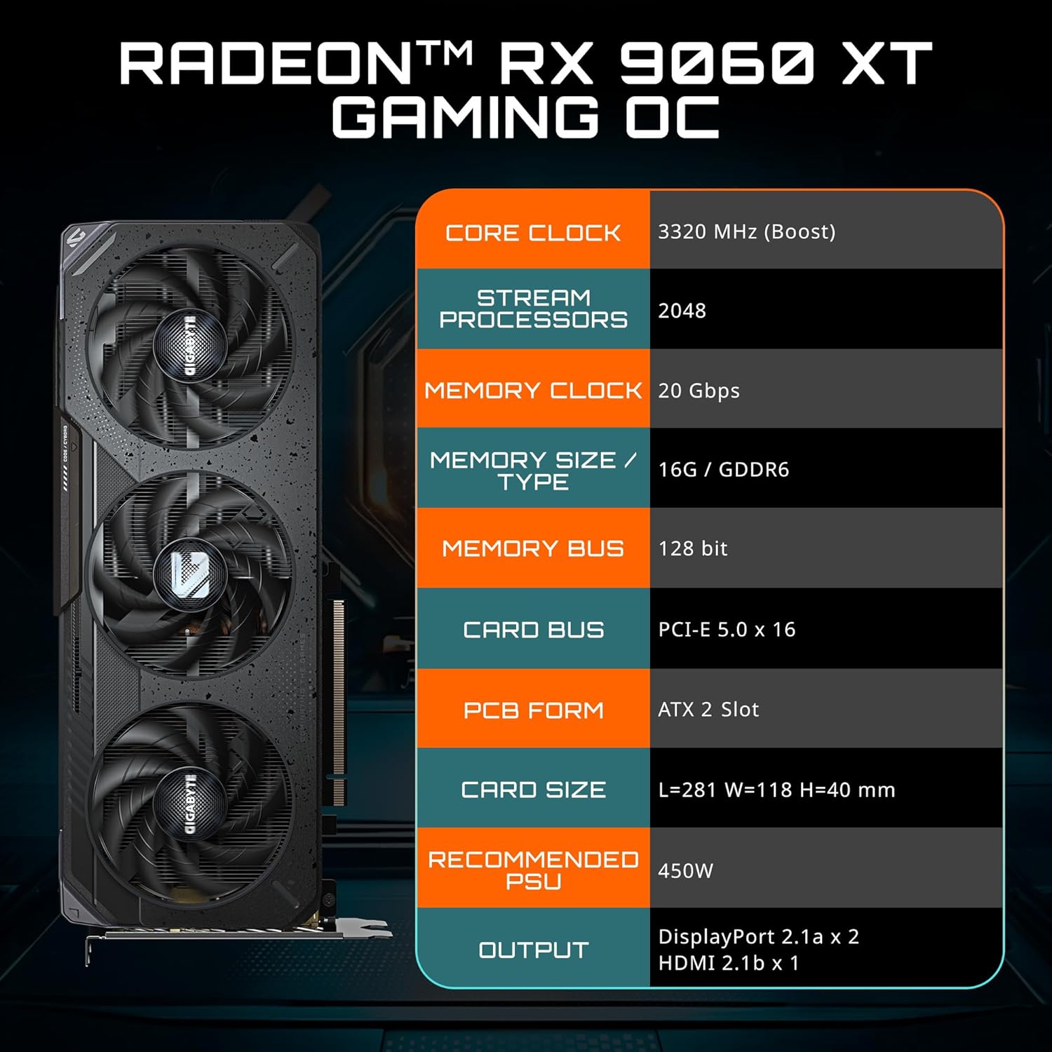 GIGABYTE Radeon RX 9060 XT Gaming OC 16G Graphics Card PCIe 5.0 16GB GDDR6 GV-R9060XTGAMING OC-16GD Video