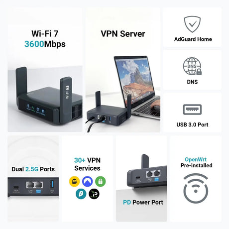 GL.iNet GL-BE3600 (Slate 7) Portable Travel Router Pocket Dual-Band Wi-Fi 7 2.5G VPN Routers WiFi for Public Computer